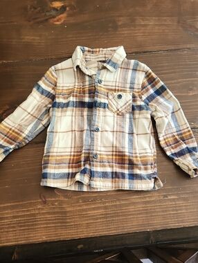 wonder nation Plaid Button-Down Shirt in Cream, Blue & Brown